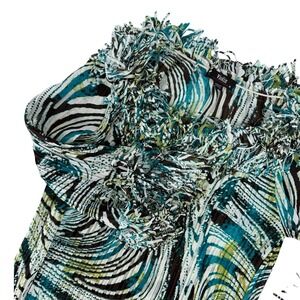 Violin Abstract Swirl Pleated Blouse‎ Teal Green Brown Fringe Trim  Medium